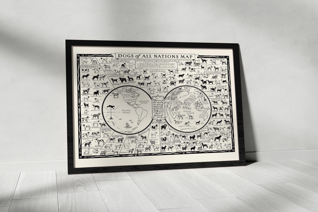 Framed 1936 Pictorial Map Showing the Dogs of All Nations,dogs of the ...
