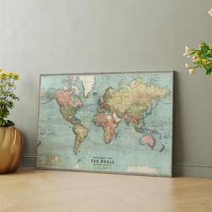 Oude wereldkaart, vintage kaart, prachtige wereldkaart vintage Atlas 1914 Mercator-projectie canvasafdruk