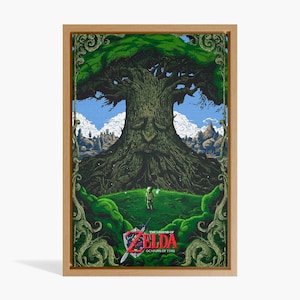 Zelda Ocarina of Time Poster, Link and Deku Tree Art Print, Retro Game Wall Art, Nintendo Fan Gift, Hyrule Forest Illustration