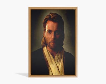 May include: A framed portrait of a man with long brown hair and a beard. He is wearing a dark robe with a light-colored sash. The background is a dark brown color.