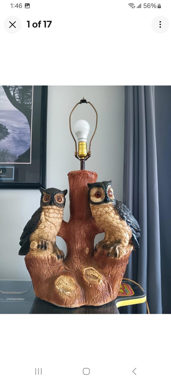 Vintage Mid Century Chalkware 2 Owls on a Tree Branch Table Lamp