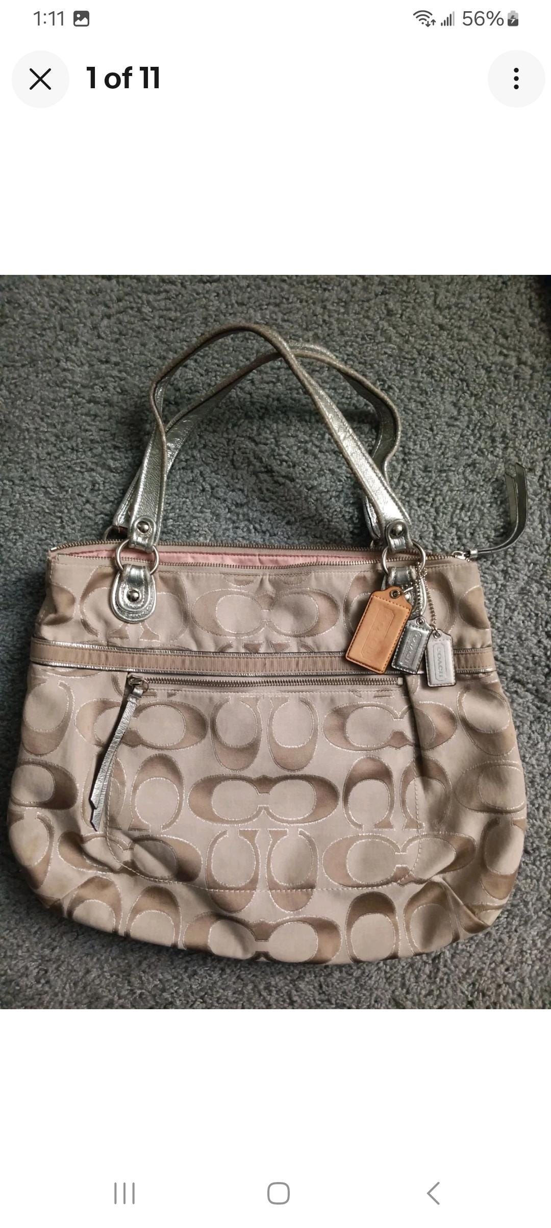 Coach Poppy Signature Silver Metallic Glam Tote/handbag Large