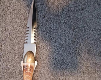 Vintage Hunting Knife: Stainless Steel Blade, Burning Bone Handle, Engraved Leather Sheath