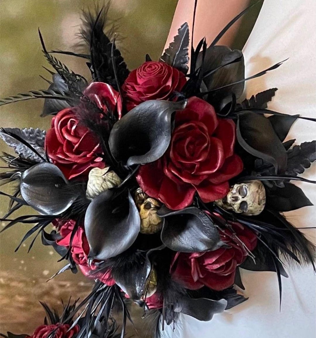 Gothic Bridal Bouquet, Skull Wood Flower Bouquet Dark Red Rose, Black ...