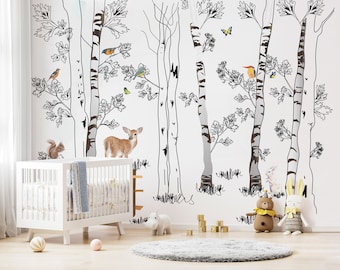 Woodland nursery wall decor for kids animals in the forest wall sticker for bedroom birch trees wall art living room decor wallpaper mural