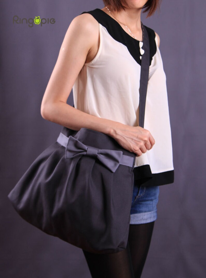 Sale 25/%-Gray Bow Pleated Bag with adjustable straptotemessenger bagwomenhandbagschool bagshoulder bagFor Her-053