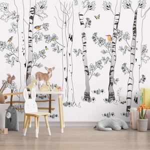 Birch Tree Wall Decal: Woodland Nursery Forest Animals