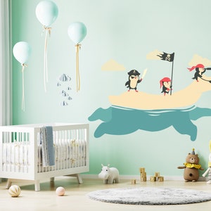 Pirate penguin wall decal, penguin nursery vinyl sticker , cute animals wall decor, wallpaper for baby