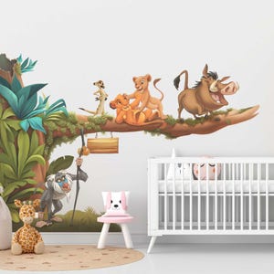 May include: A nursery wall decal featuring characters from the Lion King movie. The decal shows Simba, Nala, Pumbaa, Timon, and Zazu on a tree branch. The decal is perfect for a child's room.