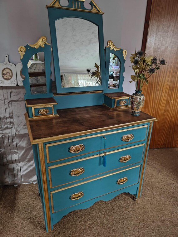 Upcycled Baroque Dresser, Turquoise and Gold Accent, Trellis Mirror - Etsy  Australia