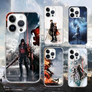 May include: A collection of clear phone cases featuring fantasy art. The designs include characters with swords, dramatic landscapes, and fiery backgrounds. The cases are designed to fit a phone with a triple-lens camera.