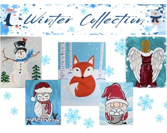 May include: A collection of five winter-themed paintings featuring a snowman, a fox, an angel, an owl, and a gnome. The paintings are all on a white background with blue snowflakes.