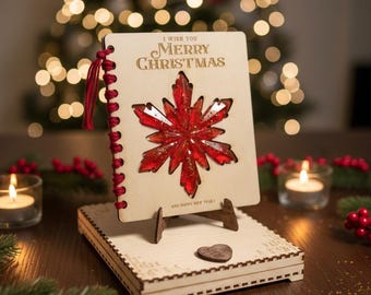 Personalized Wooden Christmas Card Keepsake Box with Resin Snowflake Ornament