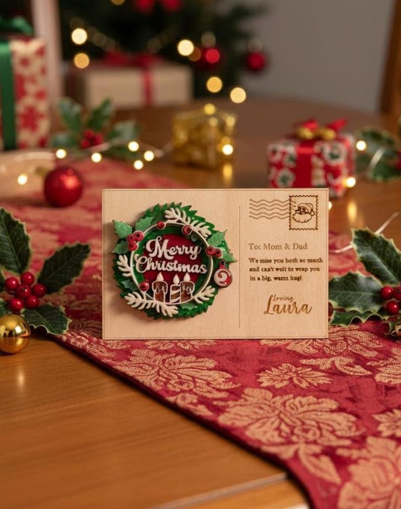 May include: A wooden Christmas card with a wreath design and the words "Merry Christmas." The card includes a message to Mom & Dad and is signed "Loving Laura." The card is on a red floral runner.
