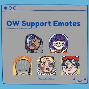 Puede incluir: Una ilustración digital de personajes de apoyo de Overwatch con diferentes expresiones. Los personajes están dibujados en un estilo de dibujos animados e incluyen a Mercy, Baptiste, Moira, Zen y Kiriko. La imagen se titula "OW Support Emotes" e incluye el texto "Overwatch Support Pack #1".