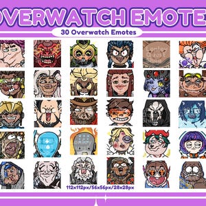 May include: A purple graphic featuring 30 Overwatch emotes. The text "OVERWATCH EMOTES" and "30 Overwatch Emotes" are at the top. The emotes are arranged in a grid, each with unique character designs and expressions. The image dimensions are listed at the bottom.