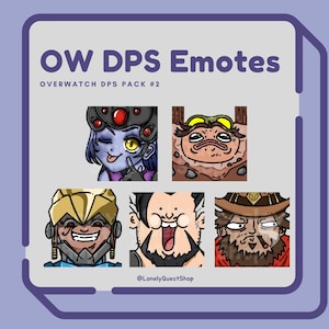May include: A digital illustration featuring Overwatch DPS emotes. The image includes five character portraits with unique expressions and details. Text at the top reads "OW DPS Emotes" and "OVERWATCH DPS PACK #2". The artist's handle is displayed at the bottom.