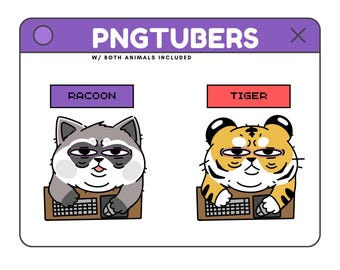 Puede incluir: Una ilustración digital de un mapache y un tigre con gafas sentados frente a un ordenador. El mapache está etiquetado como "Raccoon" y el tigre como "Tiger". El texto "PNGTubers" está en la parte superior de la imagen con el texto "W/ BOTH ANIMALS INCLUDED" debajo.