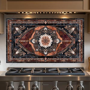 May include: A decorative kitchen backsplash with a floral design. The backsplash features a central white flower surrounded by a pattern of red, black, and brown hues. The backsplash is installed above a stainless steel gas range.