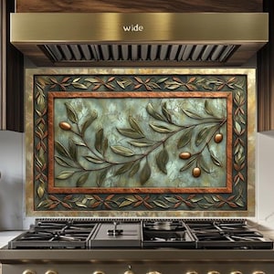 Olivenblätter Kupferoptik Gehärtetes Glas Backsplash, Gedruckte Fliese für Küche im geprägten Stil, rustikale Küchenrückwand, Dekorative Fliese