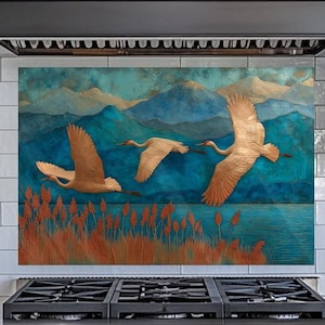 Dosseret en verre mouette volante en relief cuivre crédence-arrière-plan couleur cuivre Art mural mouette-panneau de verre de cuisine de luxe inspiré de la nature