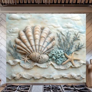 Salpicadero de cocina de vidrio templado con conchas marinas: Arte de pared costero