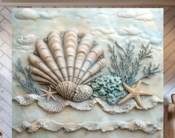 Seashell Tempered Glass Kitchen Backsplash: Coastal Wall Art