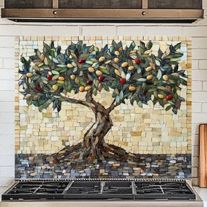 Olive Tree Tempered Glass Backsplash Splashback: Mediterranean Kitchen Mosaic Look Tile, Kitchen Wall Art, Stove Behind and Oven Top Cover