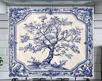 Delft Blue Tree of Life Tempered Glass Backsplash: Printed Glass Kitchen Stove Behind Tile and Glass Panel, Tree of Life Wall Art for Decor