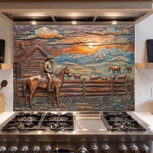 Rustieke achterkant van gehard glas cowboy en paard: westerse boerderij keukendecor, westerse keukenfornuis achter backsplash en kunst aan de muur