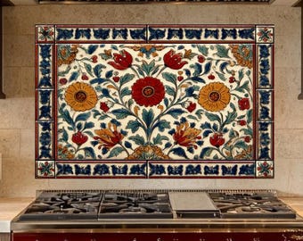 Ottoman Glass Kitchen Backsplash: Hand Painted Look Mediterranean Blue Turkish Tile, Glass Backsplash Stove Behind and Wall Art for Kitchen