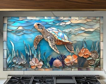 Sea Turtle Glass Backsplash Splashback – Coastal Beach Scene Printed Kitchen Wall Art – Ocean Turtle Custom Glass Backsplash Panel and Tile