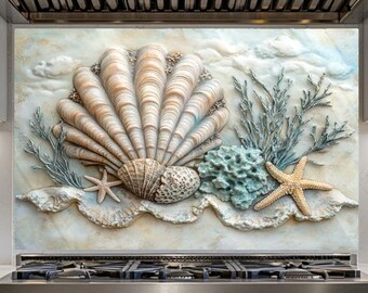 Glass Backsplash, Seashell Tempered Glass Backsplash Kitchen, Backsplash For Stove Behind, Wall Art, Kitchen Decor, Kitchen Backsplash