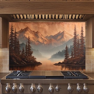 Pine Tree and Mountain Glass Backsplash – Tempered Glass Splashback and Stove Top Cover, Backsplash for Stove Behind, Kitchen Sink Cover