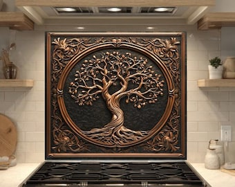 Tree of Life Tempered Glass Kitchen Backsplash, Rustic Stove Behind Backsplash Splashback