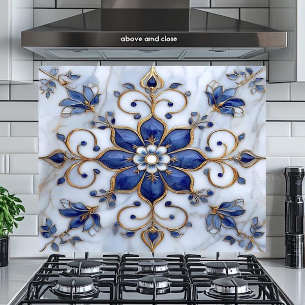 Tempered Glass Kitchen Backsplash: Mediterranean Blue Turkish Tile Design, Glass Backsplash for Stove Behind and Wall Art for Kitchen