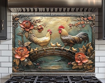 Farmhouse Rooster & Hen Glass Kitchen Backsplash: Rustic Country Decor