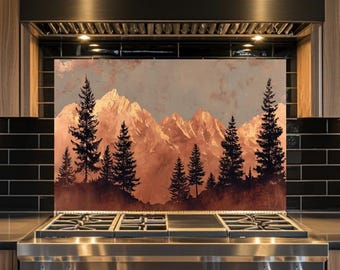 Kupfer Pine Tree Mountain Glass Backsplash - Rustikale Naturlandschaft auf Glas, Waldhütte Küche & Bad Wanddekorfliese gedruckt