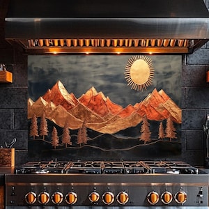 Copper Pine Tree Mountain Glass Backsplash – Rustic Nature Landscape Printed on Glass Stove Behind, Woodland Kitchen & Bathroom Wall Tile