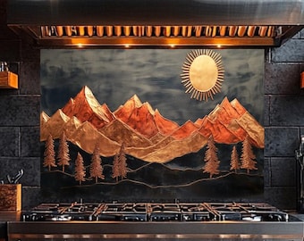 Kupfer Pine Tree Mountain Glass Backsplash - Rustikale Naturlandschaft auf Glasofen Hinter, Woodland Kitchen & Bad Wandfliese