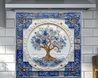 Tree of Life Glass Backsplash: Blue & White Spiritual Kitchen Decor, Tempered Glass Kitchen Backsplash Stove Behind, Nature Inspired Decor