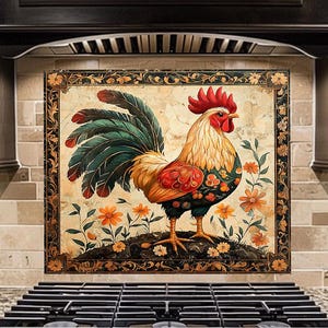 May include: A decorative kitchen backsplash featuring a colorful rooster illustration. The rooster has red, orange, green, and yellow plumage, standing amidst orange flowers. The artwork is framed with a floral border, adding a rustic charm to the kitchen decor.