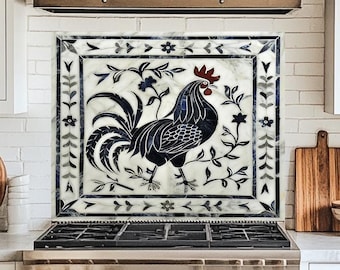 Rustic Rooster Kitchen Marble Look Backsplash Splashback, Farmhouse Style Rooster Tile for Kitchen Wall Art, Country Style Backsplash Tile