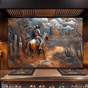 Rustic Cowboy & Horse Tempered Glass Backsplash: Western Farmhouse Kitchen Decor and Stove Behind Backsplash Tile and Wall Art, Glass Panel