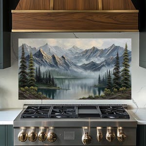 Dosseret en pin et en verre montagne - Crédence et couvercle de poêle en verre trempé, dosseret pour l'arrière de la cuisinière, couvercle pour évier de cuisine