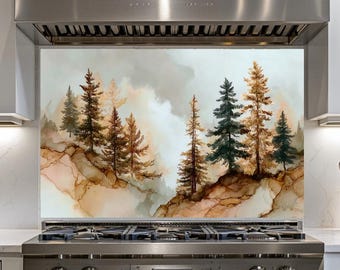 Pine Tree Glass Backsplash: Rustikale Waldküche Wandkunst