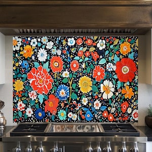 May include: A colourful floral kitchen splashback featuring a vibrant array of flowers in red, yellow, blue, and white against a black background. The design includes various flower types and green leaves.
