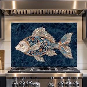 May include: A decorative kitchen backsplash featuring a detailed illustration of a fish. The fish has a blue, orange, and gold floral design against a dark blue marble background. The backsplash is installed behind a stainless steel stove.