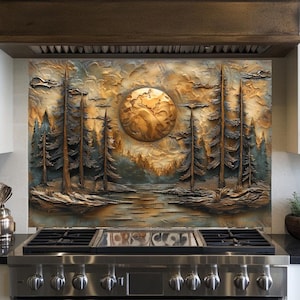 May include: A textured, landscape-themed backsplash featuring a forest scene with tall trees, a large sun, and a body of water. The color palette includes shades of brown, gold, and blue, creating a rustic and natural aesthetic.