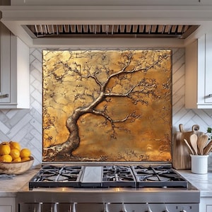 Copper Look Tempered Glass Backsplash: Embossed Tree Branch Tile